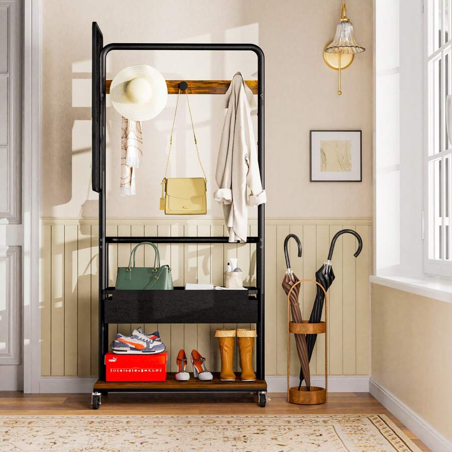 Robust Clothes Stand With Wheels - 3-In-1 Design With Basket And Mirror - 黑色和棕色 - 查看 1