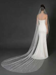 1pc Single Layer Starry Pearl Short Bridal Veil, High Quality Skin-Friendly Soft Mesh Wedding Veil - Multicolor - View 8