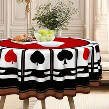 1pc Poker Theme Round Tablecloth, Suitable For Home Kitchen And Dining Room, Decorative Tablecloth, Ideal For Office And Coffee Table, Holiday Red Background With Heart And Spade Symbol Print - Round - View 5