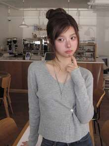 YCYC Spring/Autumn Elegant Slimming Front Slit Long Sleeve Top - Grey - View 4