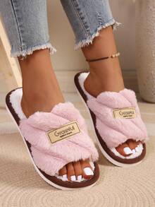 Classic Bold Striped Slip-On Open Toe Fuzzy Plush Slippers For Women, Indoor House Shoes, Autumn/Winter Fashion - Pink - View 8