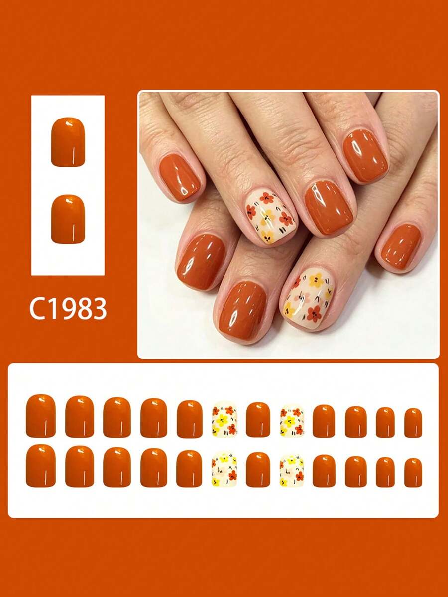 24pcs Short European Style Square False Nails, Colorful Warm Tone Floral Design, Full Coverage Removable, Women's Nail Art Set, Suitable For Party, Ball And Daily Wear - Multicolor - View 1