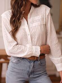 ii Blusa de mujer de unicolor con bordado calado, estilo vacaciones, color blanco primaveral - Blanco - Ver 3