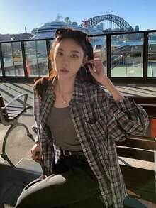 秋季新款休閒綠色格紋蝴蝶結襯衫女款設計翻領長袖上衣外套 - 綠色 - 查看 4