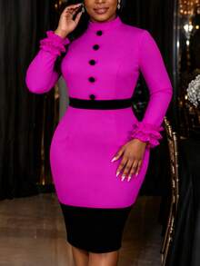 AOMEI Elegant & Charming Women's Colorblock Slim Fit Midi Dress, Faux Collar Long Sleeve Front Button Ruffle Hem Wedding - Rose Red - View 3