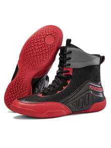 TACHUAN 1 Pair Men's High-Top Professional Boxing Shoes, Combat Wrestling Training Boots, Muay Thai Fighting Shoes, Fitness Sanda Shoes - Black and Red - View 3