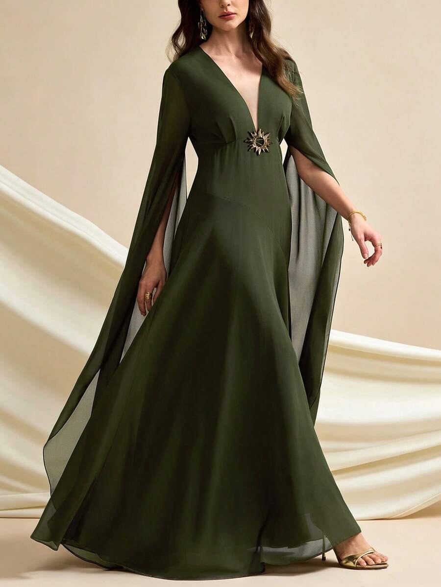Aliao Elegant Chiffon Cinched Waist Metal Buckle Decor Flared Hem Long Sleeve Dress, Suitable For Elegant Ladies Concert, Brunch And Other Occasions, Full Of Bohemian Style - Army Green - View 1