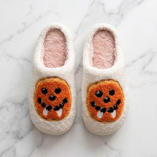 1 Pasang Sandal Plush Putih Bertema Halloween, Sandal Plush Bordir Motif Kartun Vintage Unisex, Sandal Dalam Ruangan Model Slip-On untuk Kamar Tidur, Sandal Hangat Musim Gugur/Musim Dingin dengan Sol Tebal dan Lapisan Bulu Domba, Pilihan Hadiah Liburan Terbaik, Musim Gugur & Musim Seram