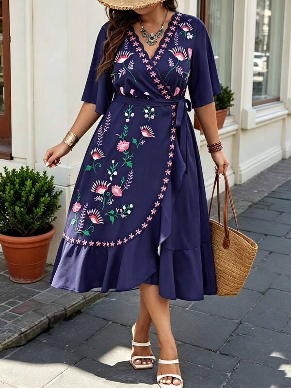 Vestido midi envolvente con estampado floral y lazo delantero para mujer talla grande, manga media con volantes y bajo plisado, vestido de tirantes estilo bohemio de verano