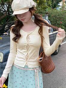 Women's Summer Design 2 In 1 Slim Fit Knit Long Sleeve T-Shirt Casual - Apricot - View 5