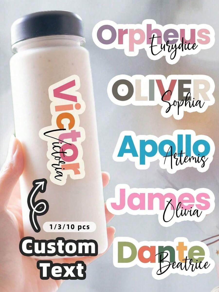 1/3/10pcs Personalized Name Label Stickers, Colorful Cartoon Font Waterproof Text Stickers For Water Bottles And Personal Items - Multicolor - View 1
