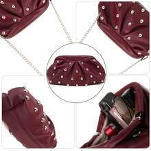 Vintage-Style Pleated Clutch With Rivet Decoration, Ruffled, Cloud-Patterned Beach Bag For Women, Fashionable Clutch Handbag With Chain Strap - 酒紅色 - 查看 4
