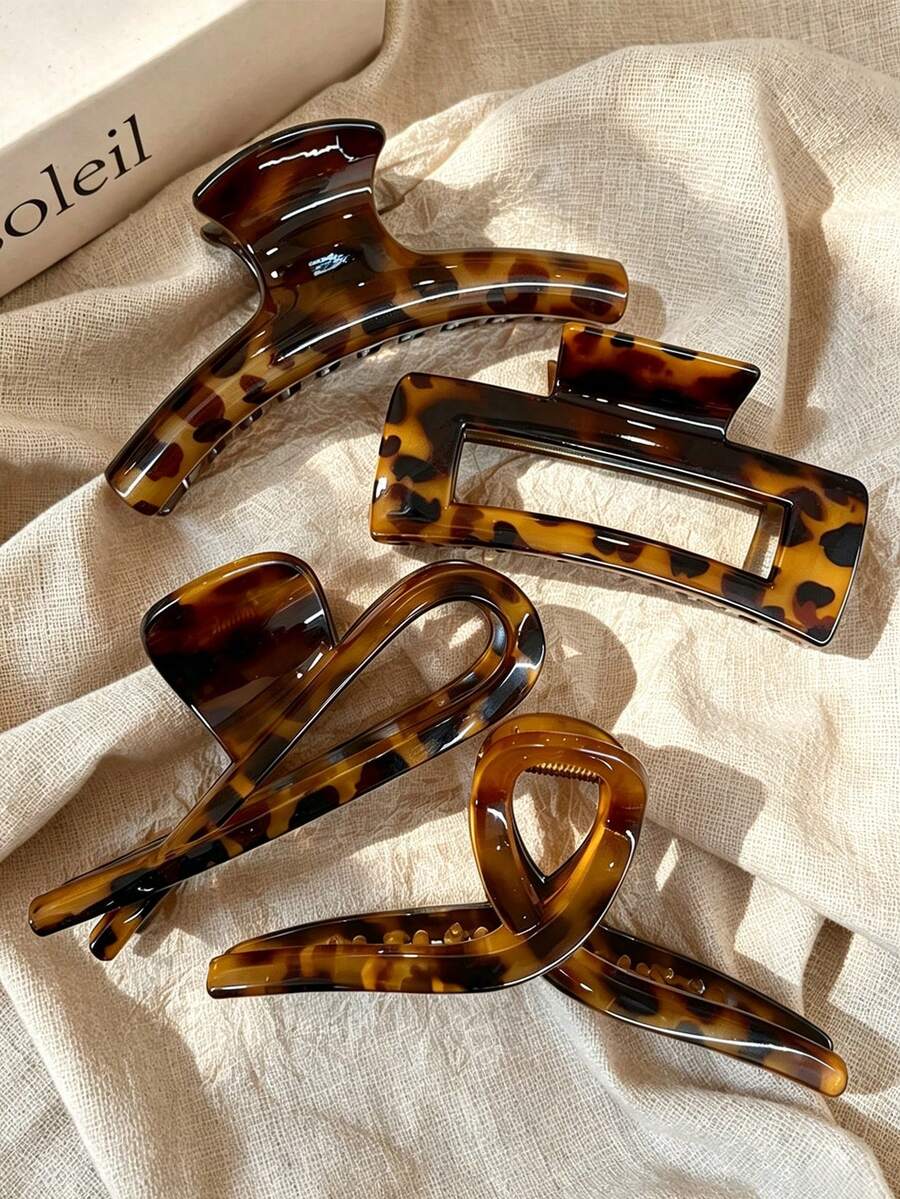 4pcs/1pc Women's 10.6cm/4.17in Brown Leopard Print Straight Square Lightweight Plastic Hair Claw Clip, Fashion Versatile Premium Elegant Minimalist Solid Color Hair Accessory For Daily Wear, Casual, Party, Commute, Beach, Vacation, Ponytail, Updo, Face Washing, Bathing, Makeup, Outfit Matching, Hair Clip - Multicolor - View 1