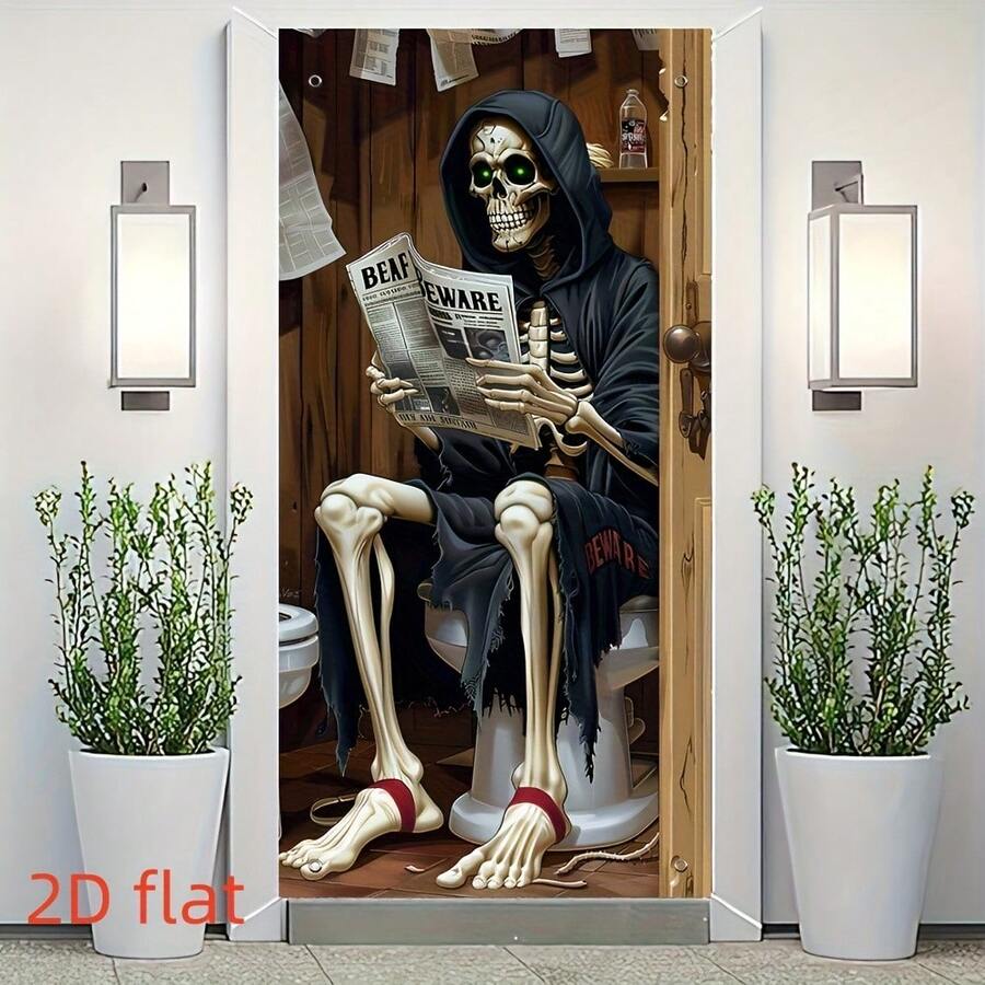 1pc Halloween Scary Skeleton Toilet Door Banner, Halloween Party Decoration, Halloween Horror Decor, Polyester Fabric, Suitable For Halloween, Haunted House, Indoor/Outdoor, Yard, Garden, Bathroom, Porch, Door Decoration