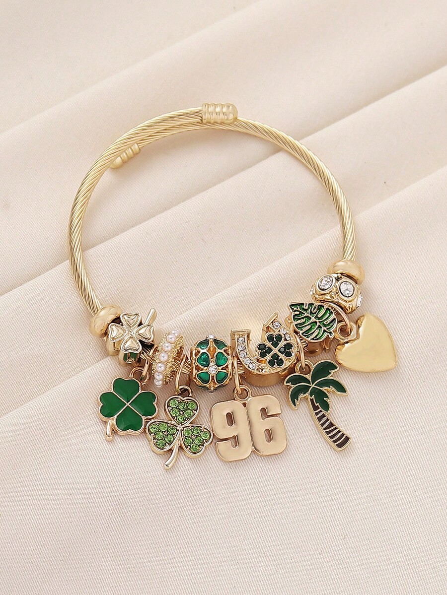 1pc Saudi Arabia 96th National Day Commemorative Green Palm Tree 96 Number Clover Pendant Beaded Bracelet Multi-Element DIY Bangle Suitable For Women Daily Holiday Celebration Party Wear - Green - View 1