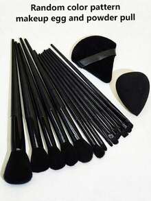 13-Piece Makeup Brush Set + 2 Random Color/Shape Makeup Sponges And Powder Puffs, Soft Makeup Tools Suitable For Eyeshadow, Foundation, BB Cream, Concealer, Blush, Powder, Makeup Brush Set For Women, Makeup Brush Combination, Makeup Brush Gift Box, Random Color - Black - View 1