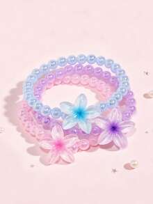3pcs/Set Kids Cute Floral Beaded Bracelet Set, Suitable For Kids Spring/Summer Vacation, Daily Wear, Party, Kids Birthday Gift - Multicolor - View 2