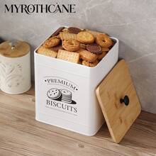Myrothcane 1pc Vintage White Metal Biscuit Tin With Bamboo Lid, Large Square Cookie Storage Canister, Airtight Snack Container For Cookies, Candy, Nuts, Tea, Kitchen Pantry Organizer, Retro Printed Food Storage Jar For Home Baking - White - View 4