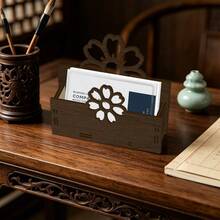 1pc Wooden Cherry Blossom Hollow Business Card Holder, Desktop Floral Design Card Stand, Office Desk Organizer, Business Use, Card Display, Home Office Decor - View 2