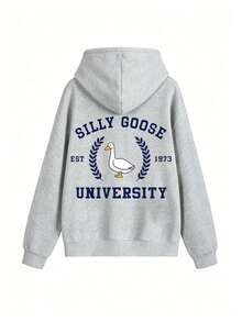 大學風 Silly Goose University 小麥卡通鴨印花運動衫，美式校園日常百搭上衣，秋季休閒款 - 灰色 - 查看 3