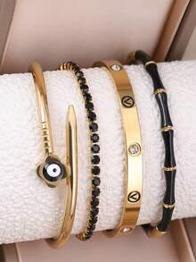 4pcs/1pc Stackable Gold Tone Bracelet Set, Evil Eye Open Bangle, Tennis Chain, Spiral Pattern Stainless Steel Bangle Bamboo Bead Br - Yellow Gold - View 14