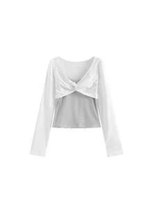 2-In-1 Knot Design Striped Long Sleeve T-Shirt Contrast Color Knit Top Casual White - White - View 11