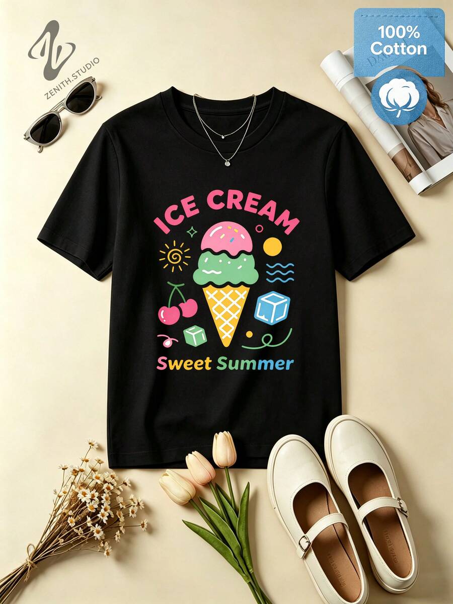 ICE CREAM Sweet Pastel Cotton Sundae & Fruit Print Graphic T-Shirt For Summer Vacation - 黑色 - 查看 1