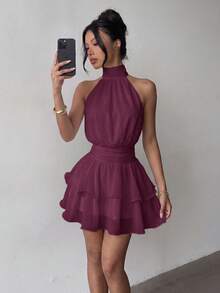Elegant Fashion Halter Neck Backless Layered Ruffle Mini Dress Wedding - Purple - View 4