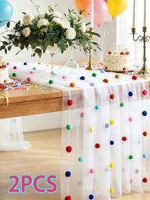 1/2pcs Cute Party Tablecloth With 3D Velvet Pom Poms, Colorful Polka Dot Sequin Tulle Table Runner, Macaron Color Mesh Gauze Rainbow Restaurant Decor, Suitable For Birthday Wedding Home Party - Multicolor - View 9