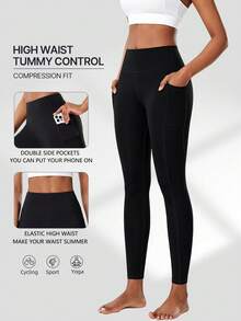 Women's Side Pocket Leggings, Spring Summer Autumn, Outdoor Running Workout Sports Leggings, Solid Color Elastic Compression Leggings Black Fall - Black - View 1