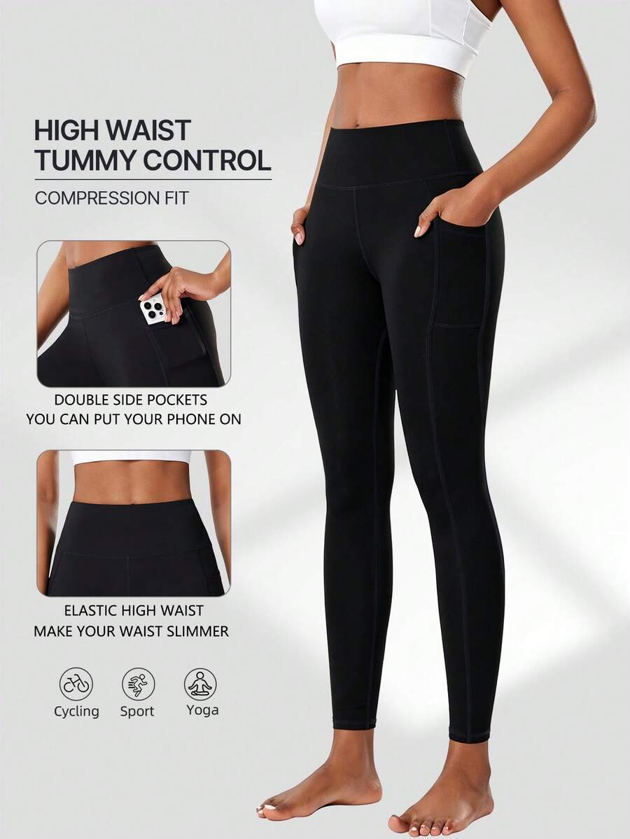 Women's Side Pocket Leggings, Spring Summer Autumn, Outdoor Running Workout Sports Leggings, Solid Color Elastic Compression Leggings Black Fall - Black - View 1