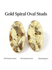 1 Paar Vintage Spiralwellen ovale goldene Ohrstecker, 304 Edelstahl hypoallergen geometrisch strukturierte Metall Ohrringe, Vintage leichte Schmuckstücke für Frauen, geeignet für Alltag, Büro, Party Anlässe - Goldene ovale Ohrstecker mit Spiralwellen-Design - Übersicht 8