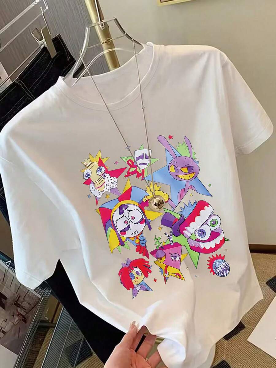 Plus Size Women's Colorful "Magic Number" Cartoon Print T-Shirt, Casual Daily, Summer White - White - View 1