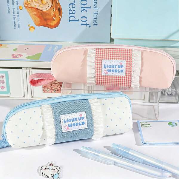 Pencil Case With Handle, Ruffle Lace Trim, Large Capacity Plaid And Polka Dot Canvas Pencil Case