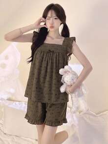 2pcs Women Sleepwear Set, Cute Camisole And Shorts, Breathable And Moisture-Wicking, Cartoon Pajamas For Summer - Army Green - View 1