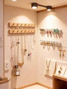 This Wooden Jewelry Display Rack Features Gold-Plated Non-Slip Hooks, Suitable For Room Decoration, Weddings, Jewelry Storage, Jewelry Store Display And Jewelry Showroom Wall Decoration. - Beige - View 9