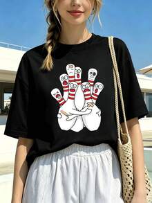 Divertida camiseta extragrande con motivo de bolos, material de primera calidad, corte holgado, ajuste cómodo, estilo casual, estampado artístico. - Negro - Ver 6