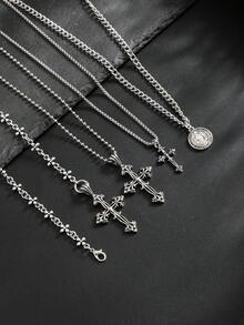 4pcs Gothic Punk Cross Pendant Necklace Set, Long Metal Chain Necklaces, Can Be Worn Separately Or Layered, Men's Personalized Charm Jewelry, Holiday Gift - 4pcs - View 7