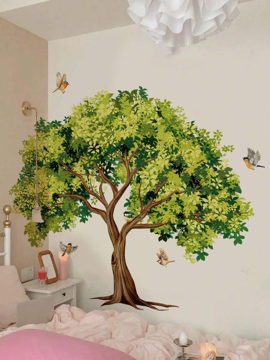 1pc/2pcs/3pcs, Children's Room Cartoon Decorative Wall Stickers, Autumn Maple Tree With Small Animals, Flowers, Owl, Bear, Fox, Hedgehog, Girl Riding Bike Under Blue Tree, Green Cartoon Big Tree, PVC Self-Adhesive Removable Wall Stickers, Suitable For Bedroom, Living Room, Study, Dining Room, Bathroom, Home Wall Decor, Room Decoration - Multicolor - View 1