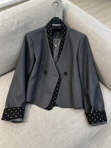 Women's Fashion Shawl Collar Black Polka Dot Contrast Color Blazer, Long Sleeve Polyester Regular Fit Coat, Autumn Fashion Choice - Grey - View 8