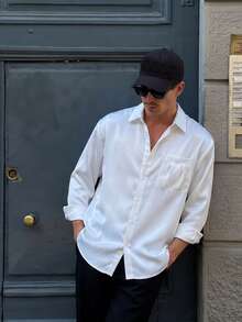 Lookun Men's Draped Fit Point Collar Long Sleeve Slim  Italian Luxury Style Pure White Left Chest Pocket Single-Breasted Smooth Commuter Shirt,Spring/Autumn - White - View 3