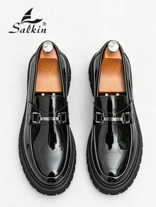 Salkin 英倫風設計男士粗齒厚底樂福鞋 平價奢華厚底一腳蹬樂福鞋 柔軟舒適圓頭優雅正式皮鞋 紳士老錢風 商務休閒 日常百搭 派對宴會婚禮度假禮物 全季男鞋，建議選擇大一號 - 黑色 - 查看 2