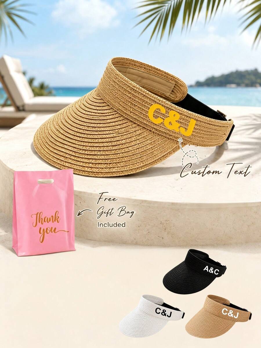 Personalized Straw Sun Hat, Customized Name Embroidered Raffia Sun Hat, Wide Brim Foldable Beach Sun Hat, Lightweight Breathable Summer Hat - Multicolor - View 1