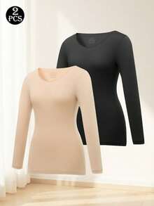 2pcs Women's Seamless Thermal Underwear Top, Lightweight Invisible Elastic Long Sleeve Base Layer Shirt, Autumn/Winter Warmth - Multicolor - View 4