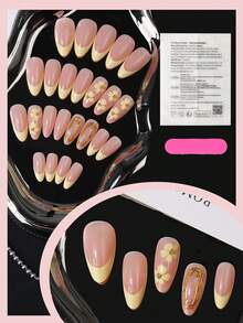 24pcs Cream Yellow French White Flower Long Pointed Press-On Nails, Nude Skin Tone Cream Yellow Base, Diagonal French Tip, Versatile Ballet Nails For Commute, Travel, Date, Daily Wear - 黃色 - 查看 2