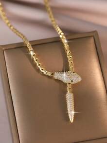 1pc Punk Metallic Snake Cube Cubic Zirconia Y-Shaped Necklace, Women's Daily Decoration, Suitable For Music Festivals, Back To School Season, Copper Jewelry - Golden Yellow - View 4