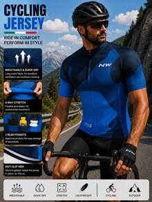 Men's New Outdoor Cycling Jersey, Spring/Summer Breathable Quick-Dry Short Sleeve Cycling Top, Slim Fit Thin Upper With 3 Back Pockets - Universal Version, Suitable For Cycling, Off-Road, Motorcycle Touring, Training - Blue - View 3