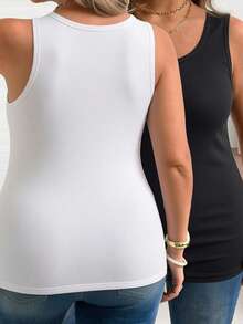 2pcs Women Plus Size Round Neck Ribbed Tank Top Daily Commute Basic Sleeveless Solid Color Undershirt - Multicolor - View 3