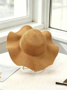 Women's Ruffle Wavy Wide Brim Straw Sun Hat, Foldable Soft Brim Beach Hat, UV Protection Vacation Outdoor Hat - Multicolor - View 9