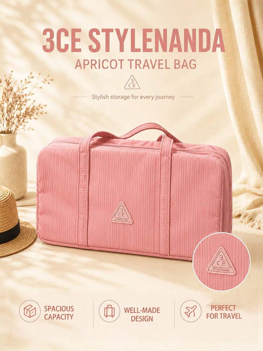 3CE Apricot Travel Bag, Non-Deformable, Hand-Carried Or Shoulder-Carried, Smooth Zipper Closure, Large Capacity Storage, Daily Makeup Storage